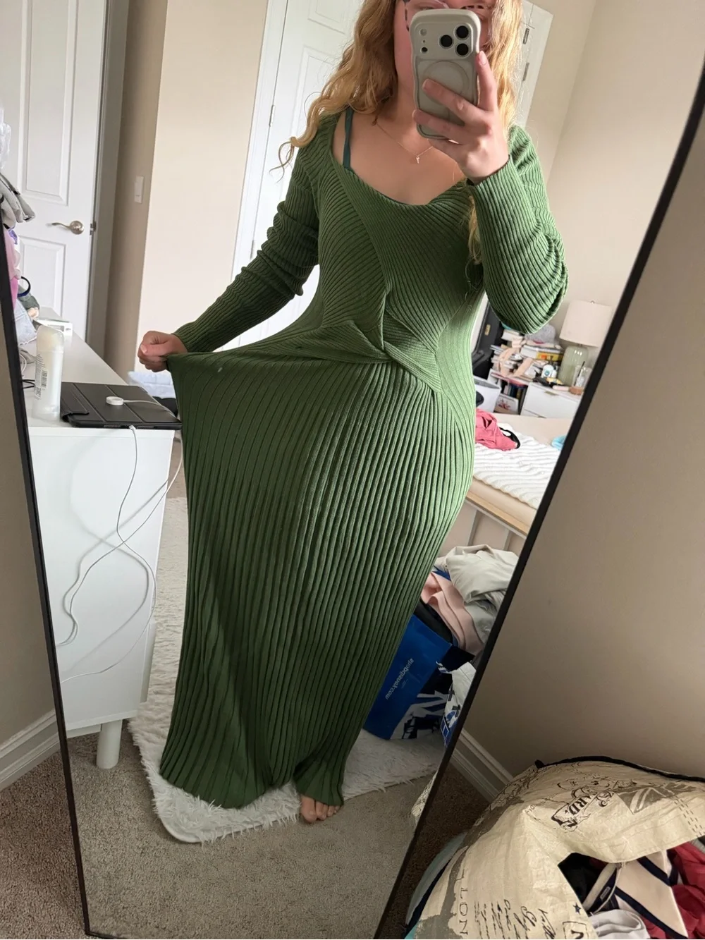 Free People Olive Green Long Sleeve Ribbed Twist-Front Maxi Dress